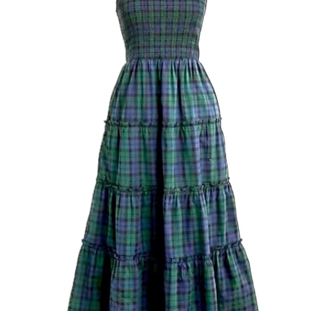 J CREW Black Watch Plaid Smocked midi dress- S NWT